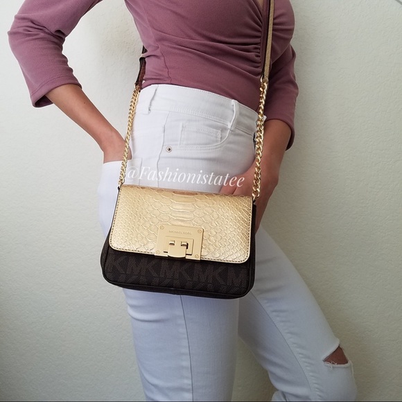 NWT MICHAEL KORS TINA SMALL CLUTCH BROWN CROSSBODY - Picture 4 of 8